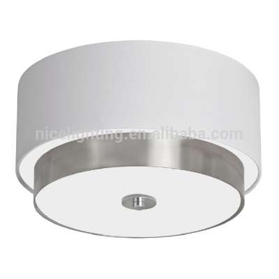 Metal flush mount round white fabric shade&frosted glass &E27/E26 bulb ceiling lamp